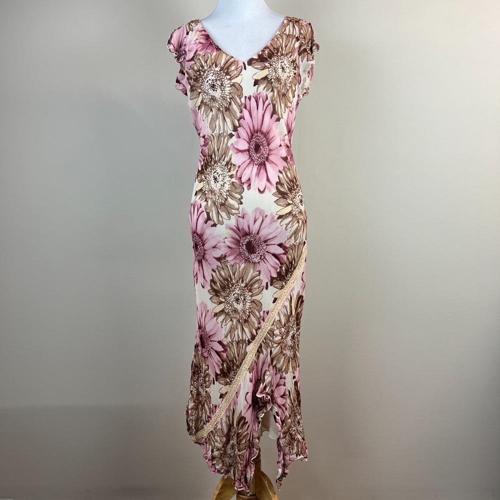 Y2K Jonathan Martin Midi Dress 8 Floral Bias Asymmetric Fairy Wedding Ruffle